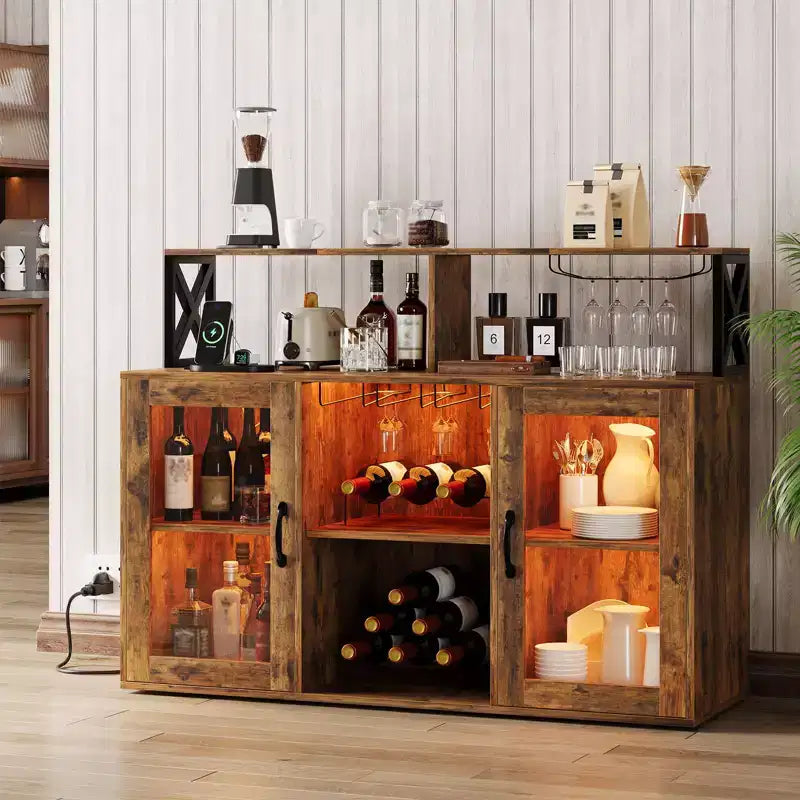 Meuble Bar pour la Maison, Meuble à Liqueur avec Prises de Courant, Porte-Verres, Meuble à Vin avec Rangement, Meuble à Vin avec Étagères pour CuisineMaison