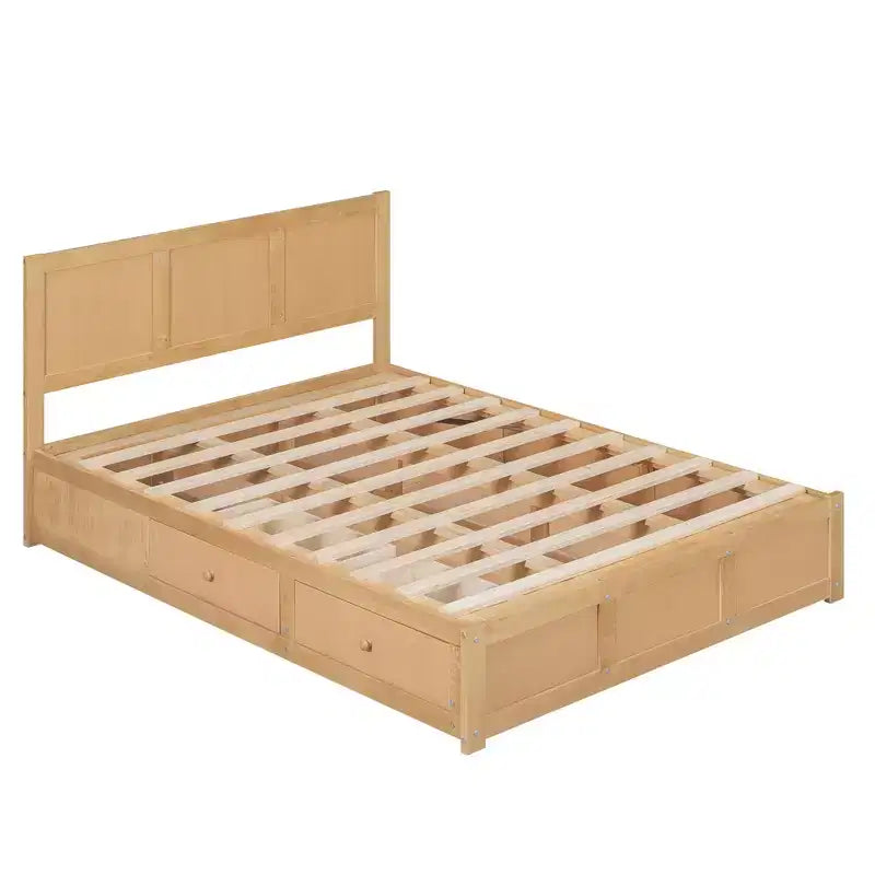 Lit plateforme avec rangement sous le lit, lit plateforme en bois avec 2 tiroirs, naturel