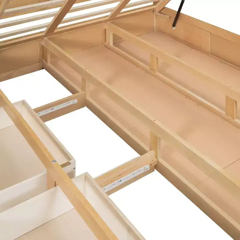 Lit plateforme avec rangement sous le lit, lit plateforme en bois avec 2 tiroirs, naturel