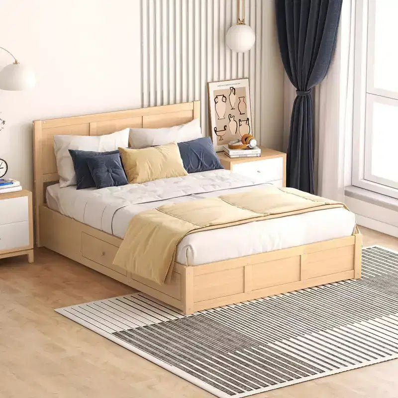 Lit plateforme avec rangement sous le lit, lit plateforme en bois avec 2 tiroirs, naturel
