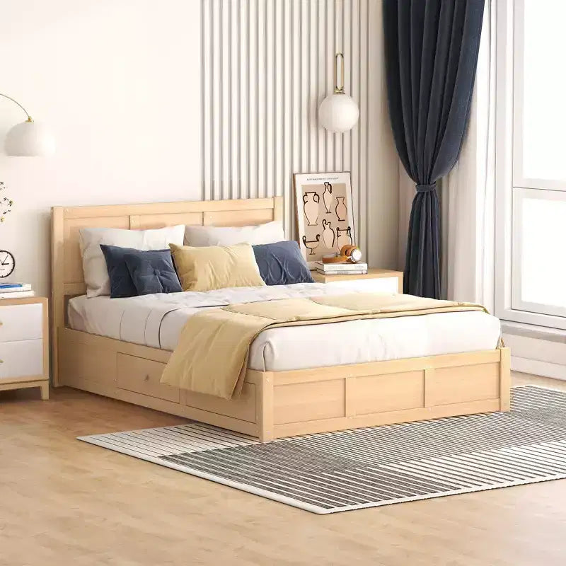 Lit plateforme avec rangement sous le lit, lit plateforme en bois avec 2 tiroirs, naturel