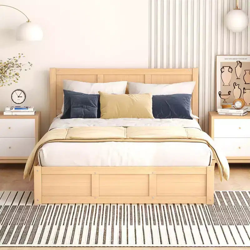 Lit plateforme avec rangement sous le lit, lit plateforme en bois avec 2 tiroirs, naturel