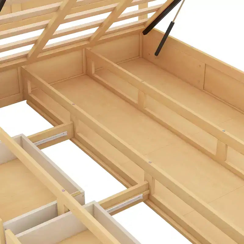 Lit plateforme avec rangement sous le lit, lit plateforme en bois avec 2 tiroirs, naturel