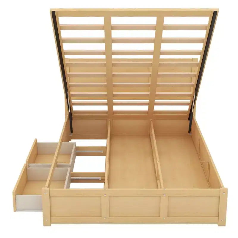 Lit plateforme avec rangement sous le lit, lit plateforme en bois avec 2 tiroirs, naturel