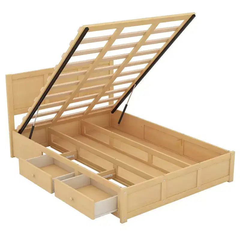 Lit plateforme avec rangement sous le lit, lit plateforme en bois avec 2 tiroirs, naturel