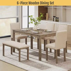 Ensemble de salle à manger Zevemomo 6 pièces en bois massif avec 1 table, 4 chaises rembourrées et 1 banc, ensemble table et chaises de salle à manger en bois pour salle à manger, cuisine, restaurant, marron