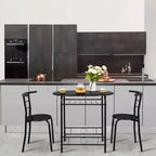 Ensemble de salle à manger 3 pièces VINGLI pour 2 personnes, table de cuisine en bois et 2 chaises pour petits espaces, cadre en métal, porte-bouteilles, noir