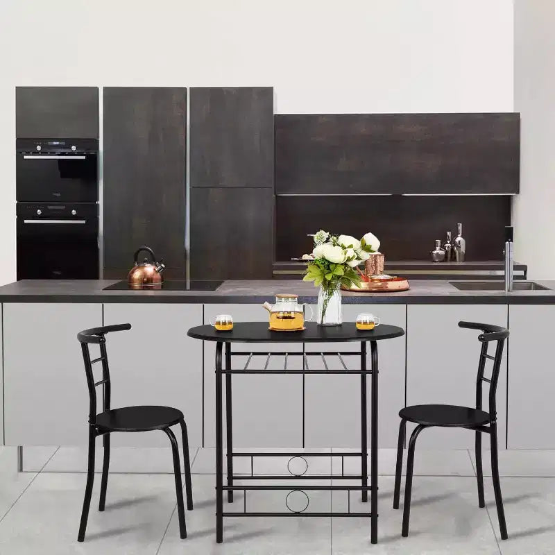Ensemble de salle à manger 3 pièces VINGLI pour 2 personnes, table de cuisine en bois et 2 chaises pour petits espaces, cadre en métal, porte-bouteilles, noir