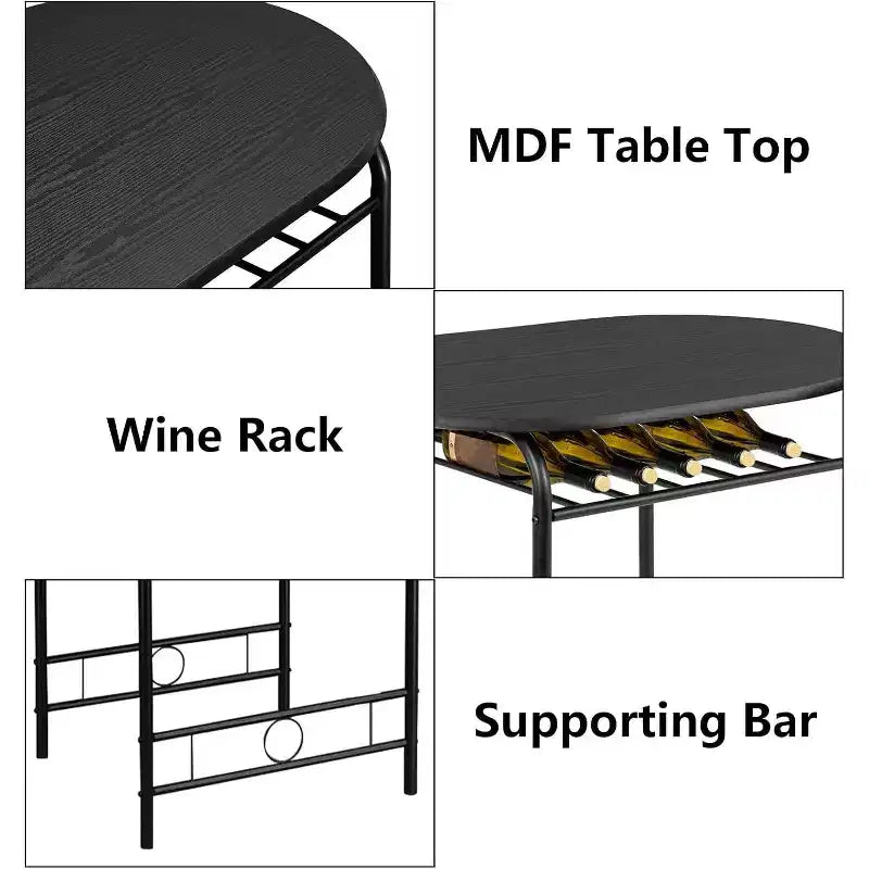 Ensemble de salle à manger 3 pièces VINGLI pour 2 personnes, table de cuisine en bois et 2 chaises pour petits espaces, cadre en métal, porte-bouteilles, noir