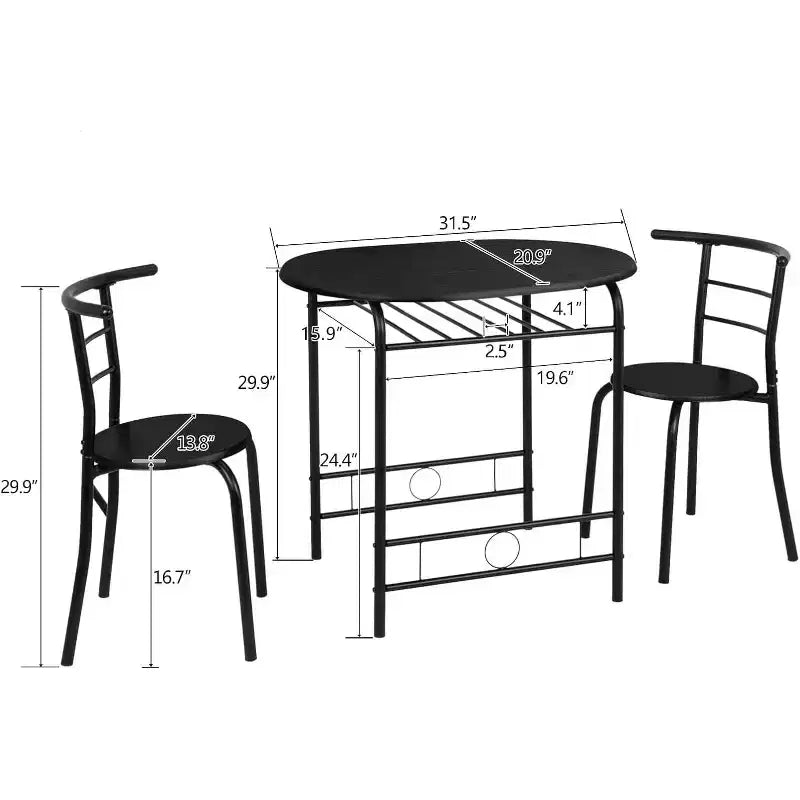 Ensemble de salle à manger 3 pièces VINGLI pour 2 personnes, table de cuisine en bois et 2 chaises pour petits espaces, cadre en métal, porte-bouteilles, noir