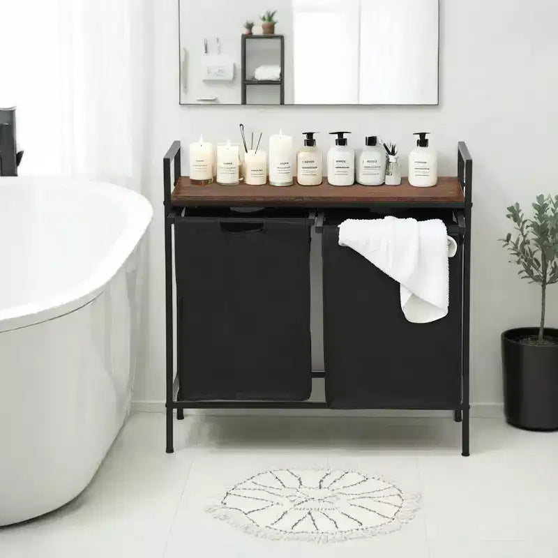 Panier à linge FurnitureR à 2 sections avec étagère, trieur à linge à 2 bacs avec sacs amovibles et plateau en bois, panier à linge de 73 cm de large