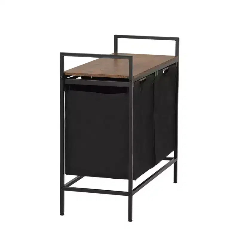 Panier à linge FurnitureR à 2 sections avec étagère, trieur à linge à 2 bacs avec sacs amovibles et plateau en bois, panier à linge de 73 cm de large