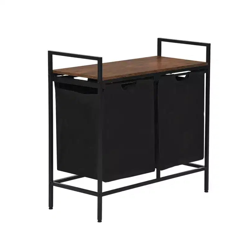 Panier à linge FurnitureR à 2 sections avec étagère, trieur à linge à 2 bacs avec sacs amovibles et plateau en bois, panier à linge de 73 cm de large