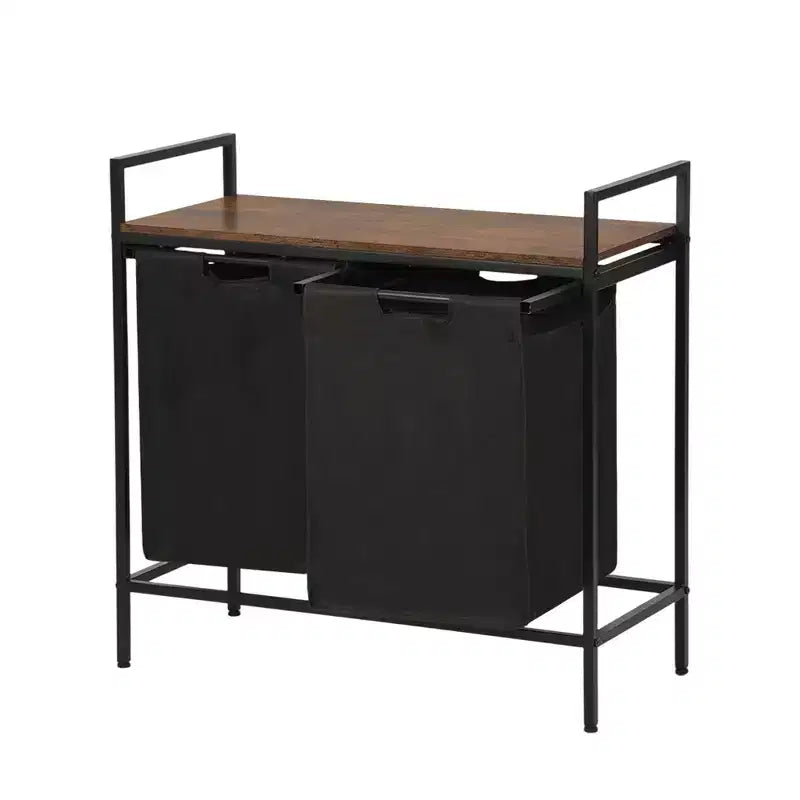 Panier à linge FurnitureR à 2 sections avec étagère, trieur à linge à 2 bacs avec sacs amovibles et plateau en bois, panier à linge de 73 cm de large
