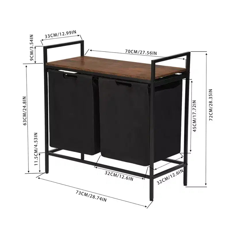 Panier à linge FurnitureR à 2 sections avec étagère, trieur à linge à 2 bacs avec sacs amovibles et plateau en bois, panier à linge de 73 cm de large