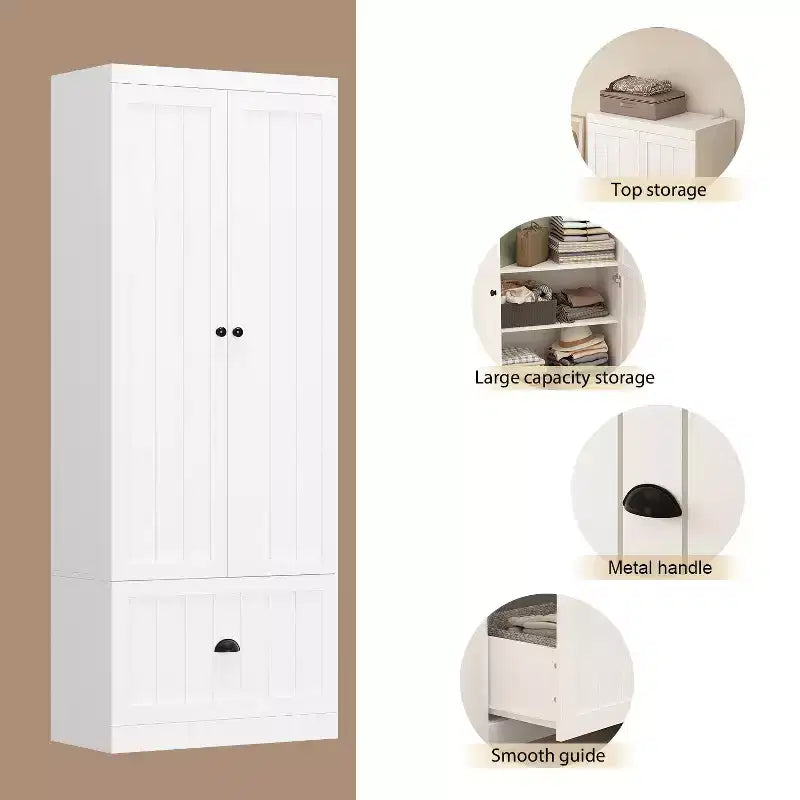 Famapy Armoire autoportante avec étagères réglables et tiroir inférieur, Armoire de rangement pour vêtements, Meuble de rangement pour chambre/entrée