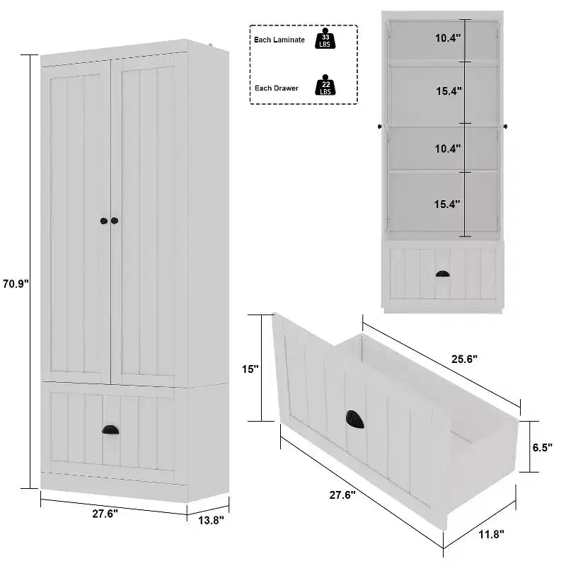 Famapy Armoire autoportante avec étagères réglables et tiroir inférieur, Armoire de rangement pour vêtements, Meuble de rangement pour chambre/entrée