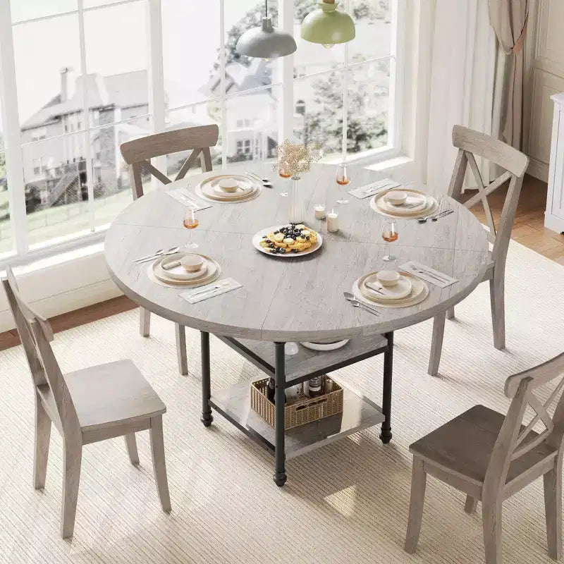 Table à manger ronde de 119 cm pour 4 personnes, table de cuisine en bois avec étagères de rangement et pieds métalliques romains pour salle à manger, cuisine, salon (table uniquement)