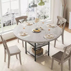 Table à manger ronde de 119 cm pour 4 personnes, table de cuisine en bois avec étagères de rangement et pieds métalliques romains pour salle à manger, cuisine, salon (table uniquement)