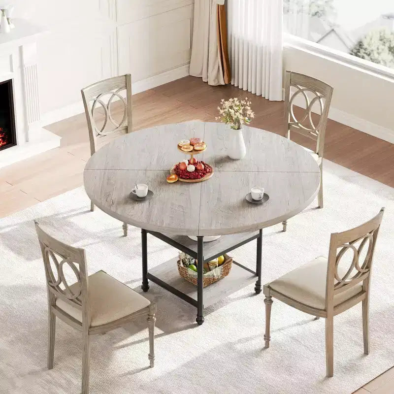 Table à manger ronde de 119 cm pour 4 personnes, table de cuisine en bois avec étagères de rangement et pieds métalliques romains pour salle à manger, cuisine, salon (table uniquement)