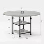 Table à manger ronde de 119 cm pour 4 personnes, table de cuisine en bois avec étagères de rangement et pieds métalliques romains pour salle à manger, cuisine, salon (table uniquement)