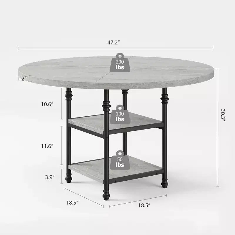 Table à manger ronde de 119 cm pour 4 personnes, table de cuisine en bois avec étagères de rangement et pieds métalliques romains pour salle à manger, cuisine, salon (table uniquement)