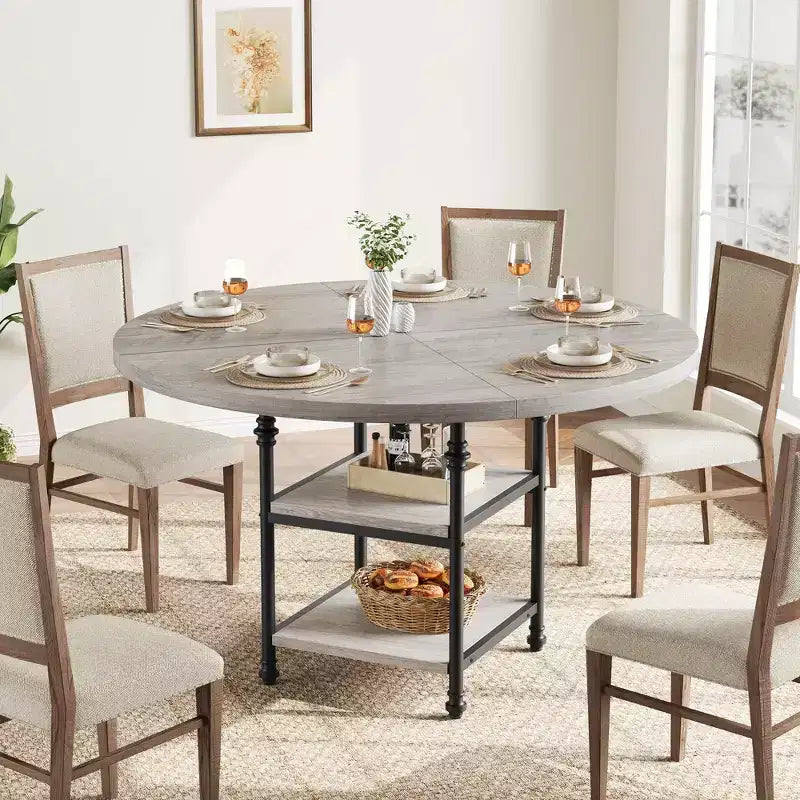 Table à manger ronde de 119 cm pour 4 personnes, table de cuisine en bois avec étagères de rangement et pieds métalliques romains pour salle à manger, cuisine, salon (table uniquement)