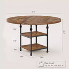 Table à manger ronde de 119 cm pour 4 personnes, table de cuisine en bois avec étagères de rangement et pieds métalliques romains pour salle à manger, cuisine, salon (table uniquement)
