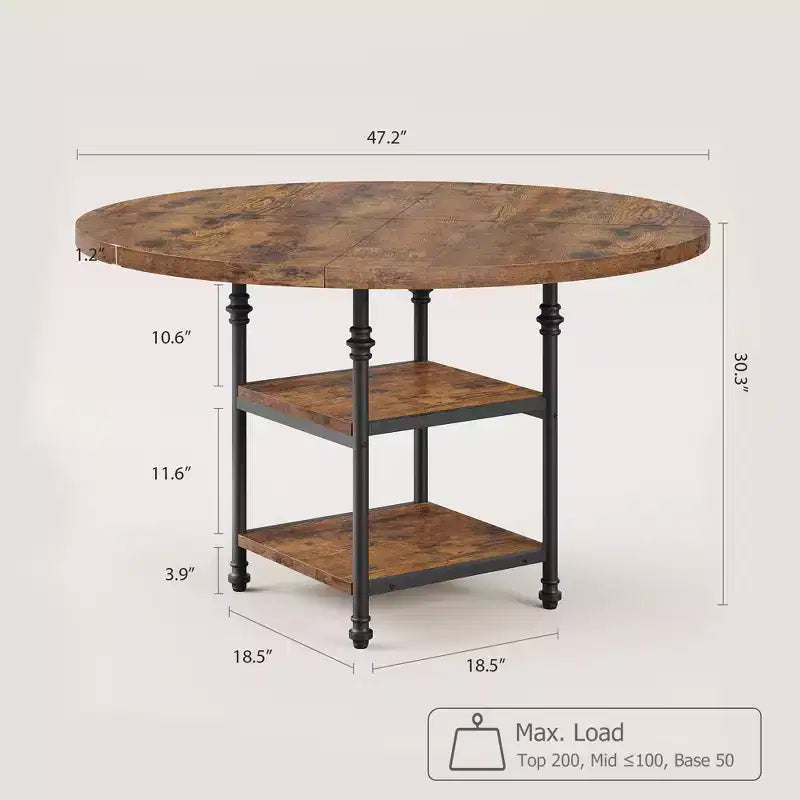Table à manger ronde de 119 cm pour 4 personnes, table de cuisine en bois avec étagères de rangement et pieds métalliques romains pour salle à manger, cuisine, salon (table uniquement)