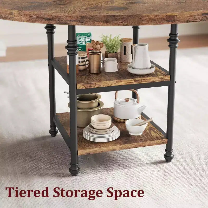 Table à manger ronde de 119 cm pour 4 personnes, table de cuisine en bois avec étagères de rangement et pieds métalliques romains pour salle à manger, cuisine, salon (table uniquement)