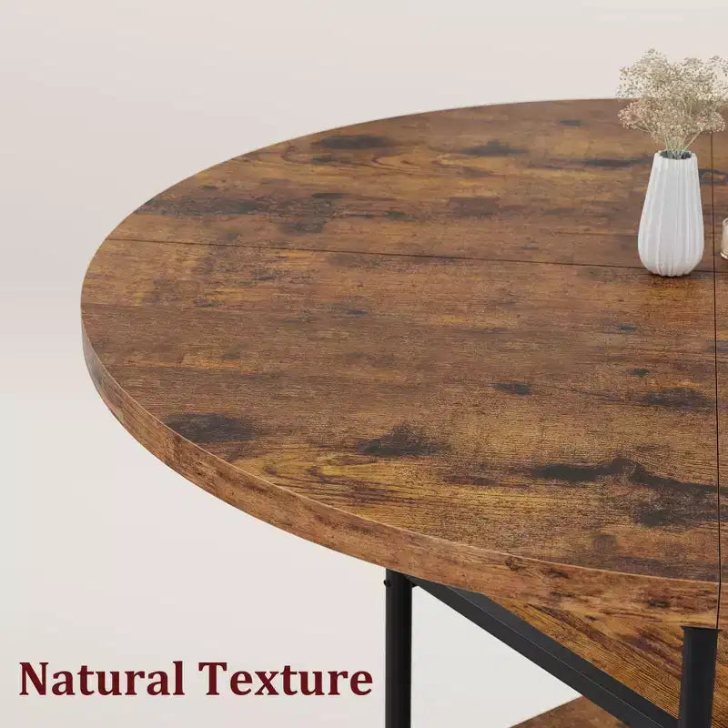 Table à manger ronde de 119 cm pour 4 personnes, table de cuisine en bois avec étagères de rangement et pieds métalliques romains pour salle à manger, cuisine, salon (table uniquement)