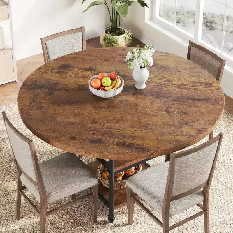 Table à manger ronde de 119 cm pour 4 personnes, table de cuisine en bois avec étagères de rangement et pieds métalliques romains pour salle à manger, cuisine, salon (table uniquement)