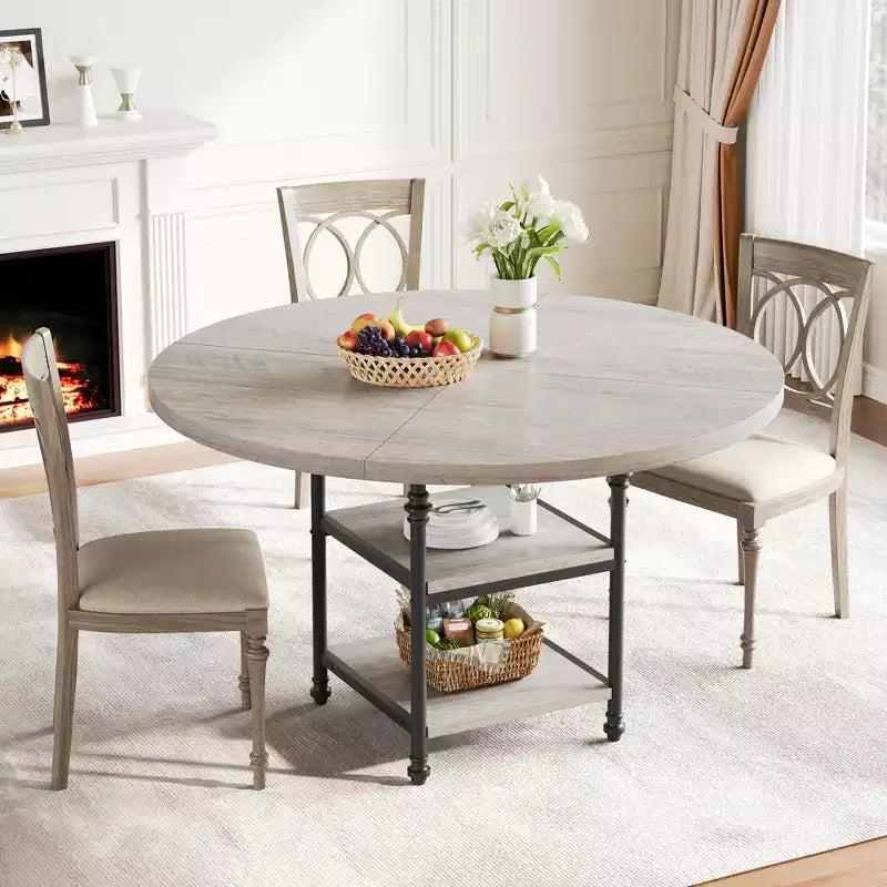Table à manger ronde de 119 cm pour 4 personnes, table de cuisine en bois avec étagères de rangement et pieds métalliques romains pour salle à manger, cuisine, salon (table uniquement)