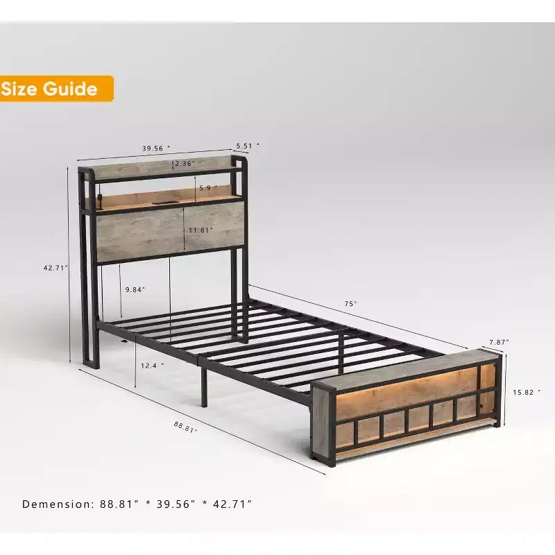 Lit plateforme double en bois Okak avec compartiment de rangement et tête de lit, cadre de lit moderne pour chambre à coucher, chambre d'enfant