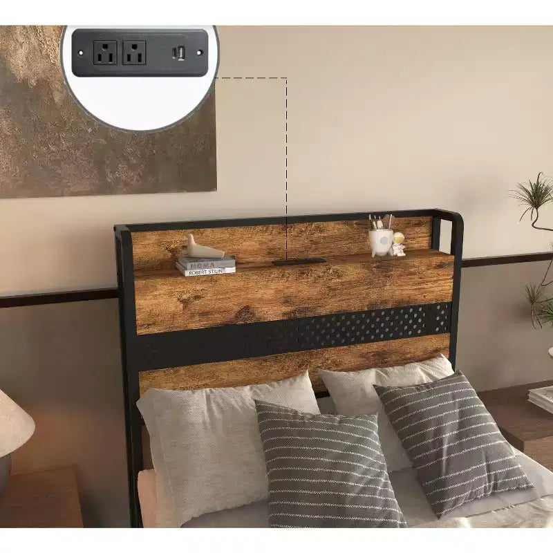 Lit plateforme double en bois Okak avec compartiment de rangement et tête de lit, cadre de lit moderne pour chambre à coucher, chambre d'enfant