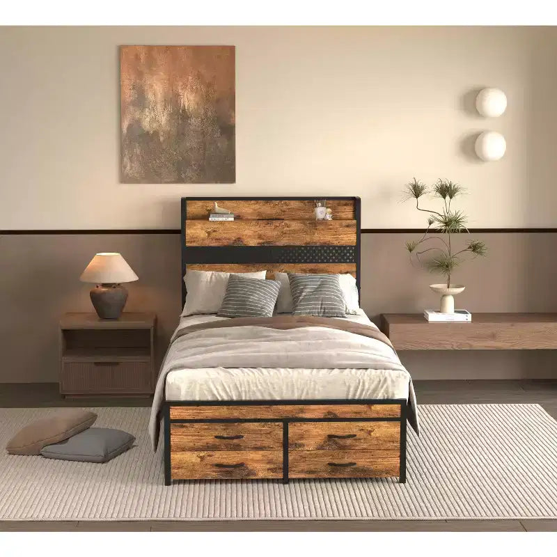 Lit plateforme double en bois Okak avec compartiment de rangement et tête de lit, cadre de lit moderne pour chambre à coucher, chambre d'enfant