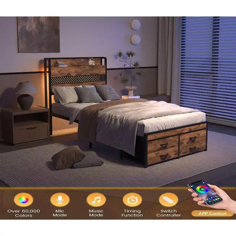 Lit plateforme double en bois Okak avec compartiment de rangement et tête de lit, cadre de lit moderne pour chambre à coucher, chambre d'enfant