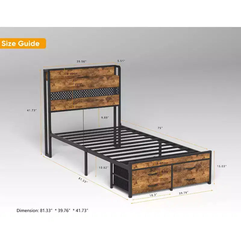 Lit plateforme double en bois Okak avec compartiment de rangement et tête de lit, cadre de lit moderne pour chambre à coucher, chambre d'enfant