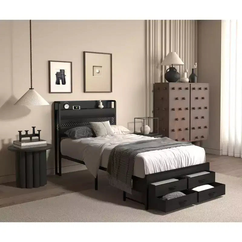 Lit plateforme double en bois Okak avec compartiment de rangement et tête de lit, cadre de lit moderne pour chambre à coucher, chambre d'enfant
