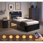Lit plateforme double en bois Okak avec compartiment de rangement et tête de lit, cadre de lit moderne pour chambre à coucher, chambre d'enfant