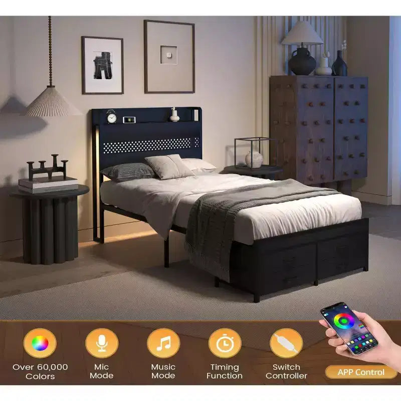 Lit plateforme double en bois Okak avec compartiment de rangement et tête de lit, cadre de lit moderne pour chambre à coucher, chambre d'enfant