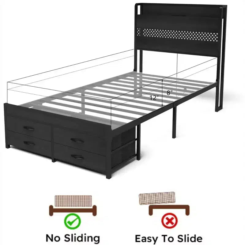 Lit plateforme double en bois Okak avec compartiment de rangement et tête de lit, cadre de lit moderne pour chambre à coucher, chambre d'enfant