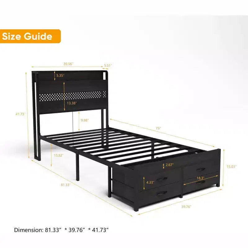Lit plateforme double en bois Okak avec compartiment de rangement et tête de lit, cadre de lit moderne pour chambre à coucher, chambre d'enfant