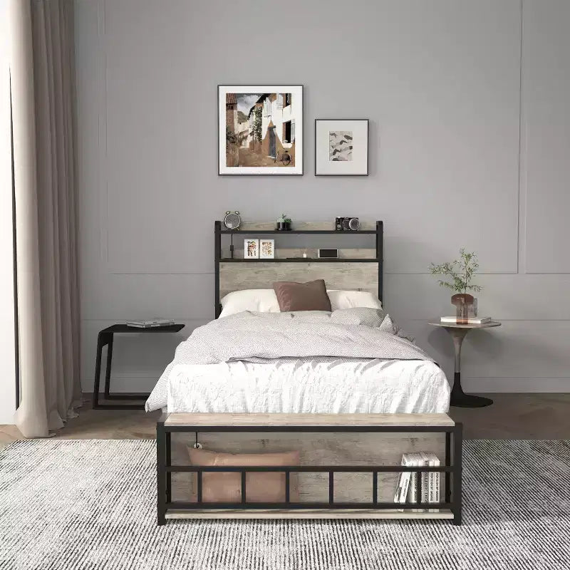 Lit plateforme double en bois Okak avec compartiment de rangement et tête de lit, cadre de lit moderne pour chambre à coucher, chambre d'enfant
