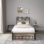 Lit plateforme double en bois Okak avec compartiment de rangement et tête de lit, cadre de lit moderne pour chambre à coucher, chambre d'enfant