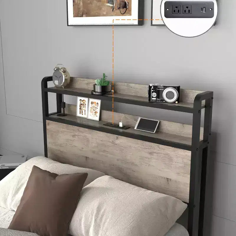 Lit plateforme double en bois Okak avec compartiment de rangement et tête de lit, cadre de lit moderne pour chambre à coucher, chambre d'enfant