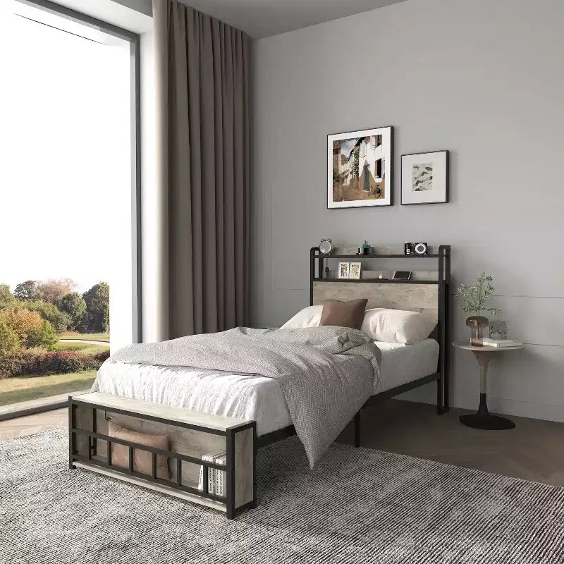 Lit plateforme double en bois Okak avec compartiment de rangement et tête de lit, cadre de lit moderne pour chambre à coucher, chambre d'enfant