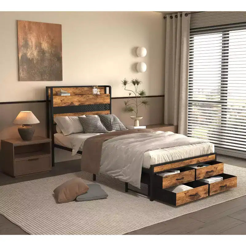 Lit plateforme double en bois Okak avec compartiment de rangement et tête de lit, cadre de lit moderne pour chambre à coucher, chambre d'enfant