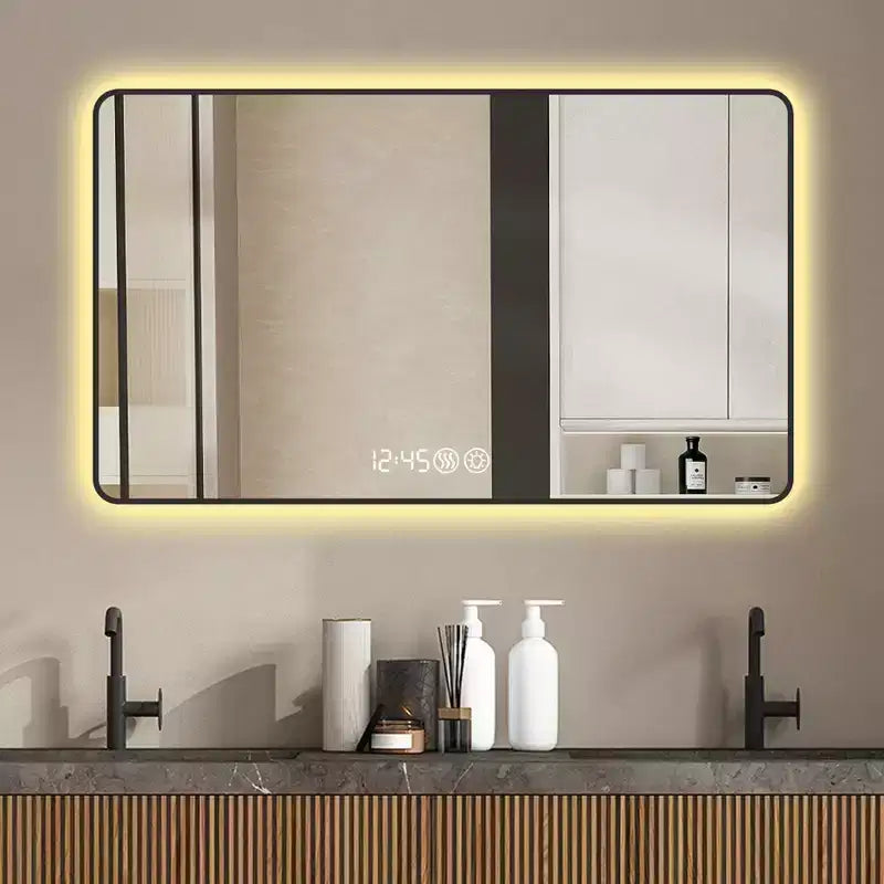 Miroir de salle de bain mural Okak avec coins arrondis, miroir de courtoisie anti-buée avec affichage de la température, miroir mural pour salle de bain