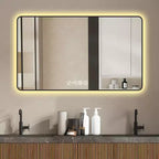 Miroir de salle de bain mural Okak avec coins arrondis, miroir de courtoisie anti-buée avec affichage de la température, miroir mural pour salle de bain